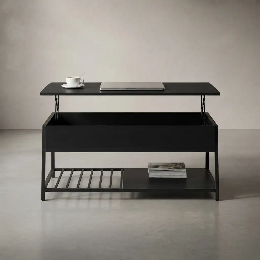 42-inch black lift-top coffee table with closed storage, metal base, and lower shelf
