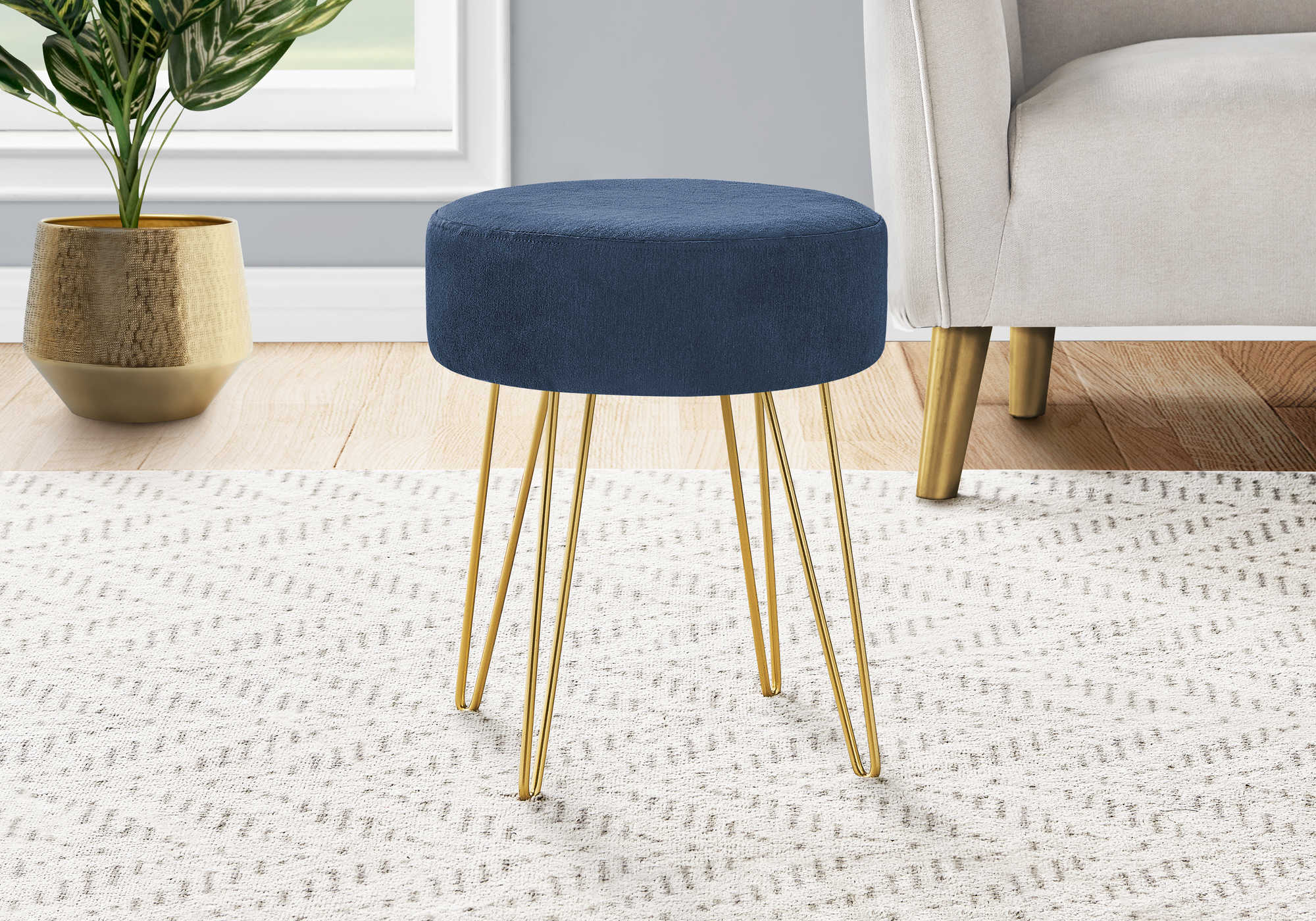 blue fabric ottoman gold legs 