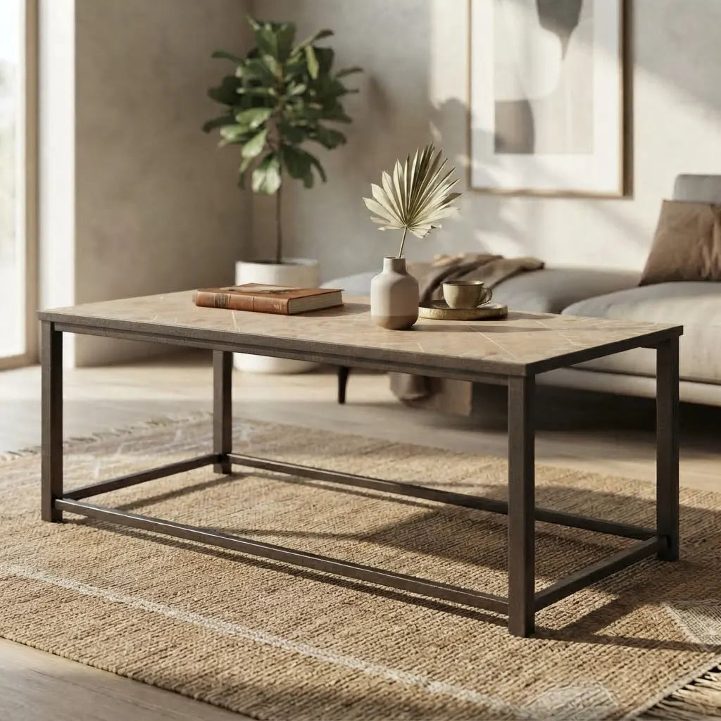 Brown terracotta tile coffee table featuring a reinforced brown metal base and stylish rectangular design