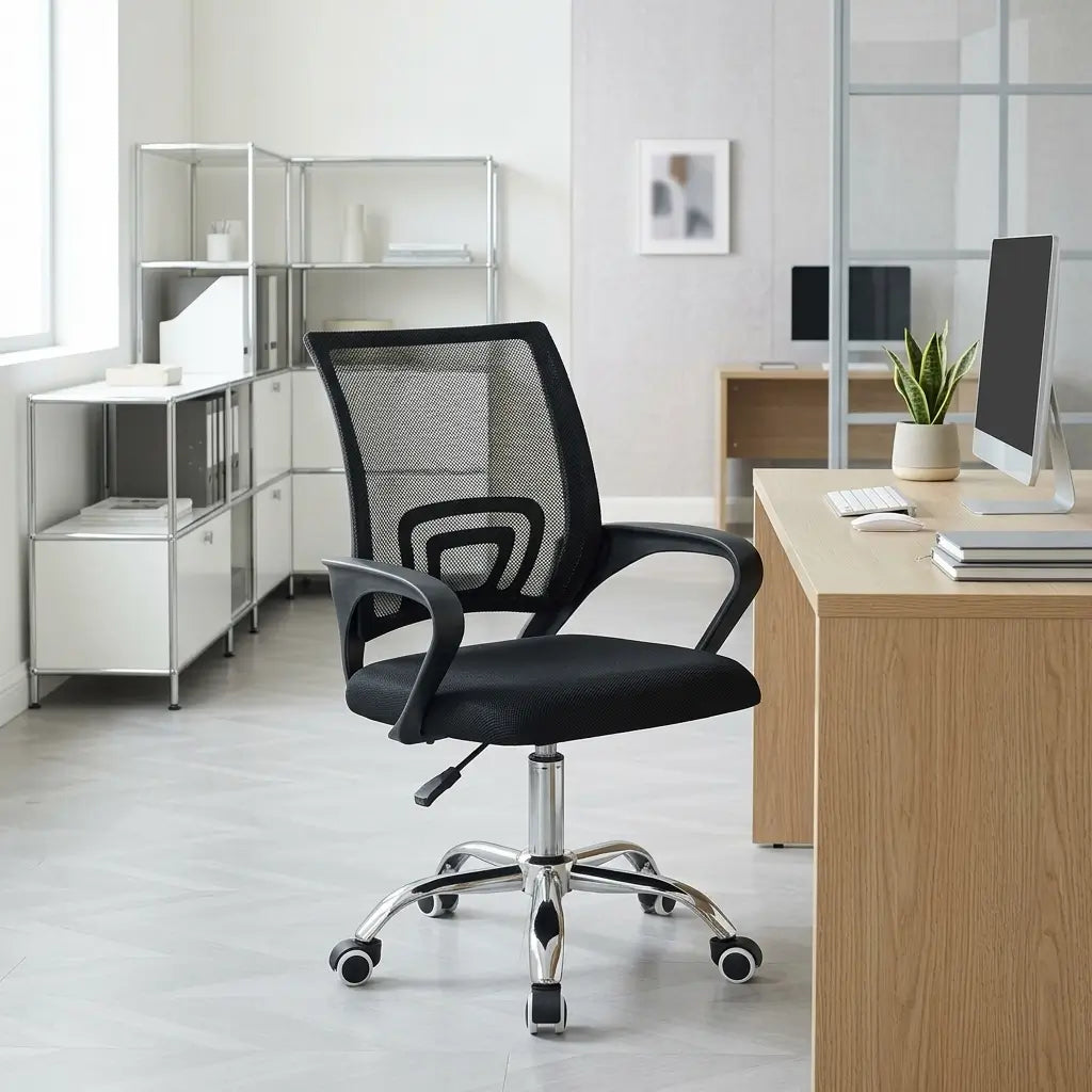 C-7420 breathable mesh back office chair with butterfly seat plate, fixed lumbar support and chrome legs