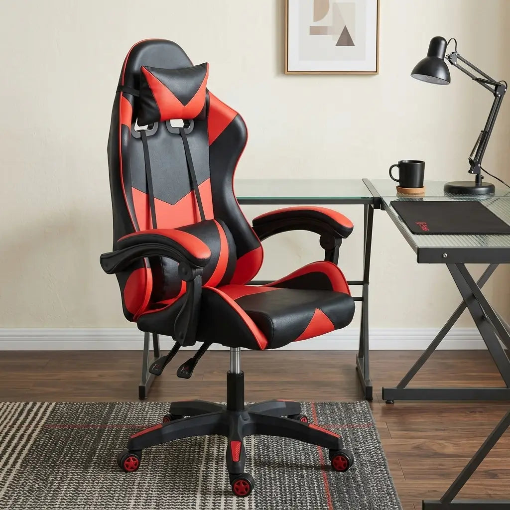 C-7430 red and black racing style gaming chair with removable headrest pillow, lumbar cushion and butterfly seat plate