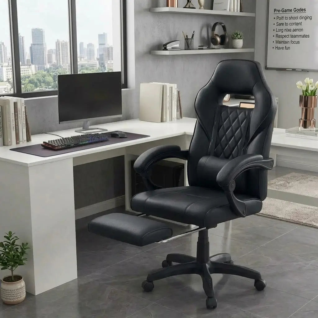 C-7435 black faux leather racing style office chair with diamond-stitched back, padded armrests and pull-out footrest