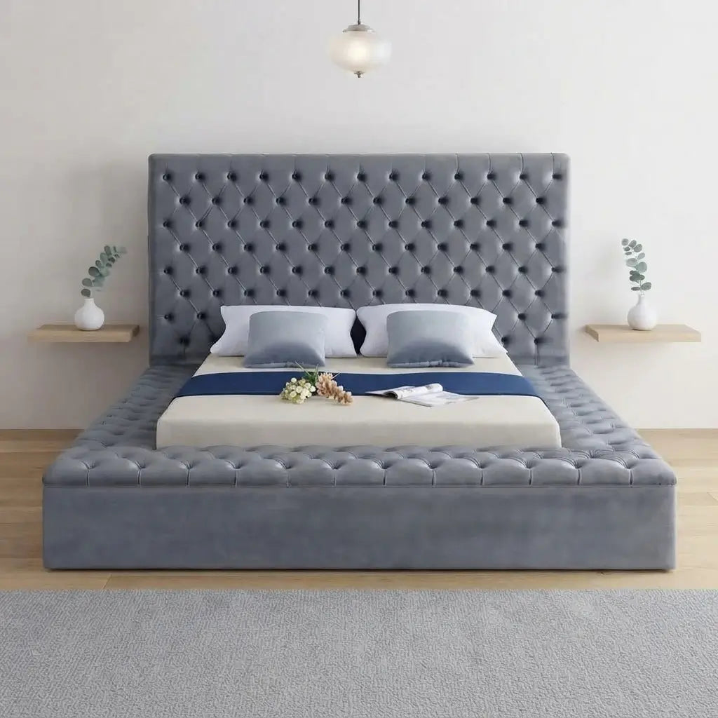 Close-up of deep diamond button tufting on soft velvet upholstered headboard