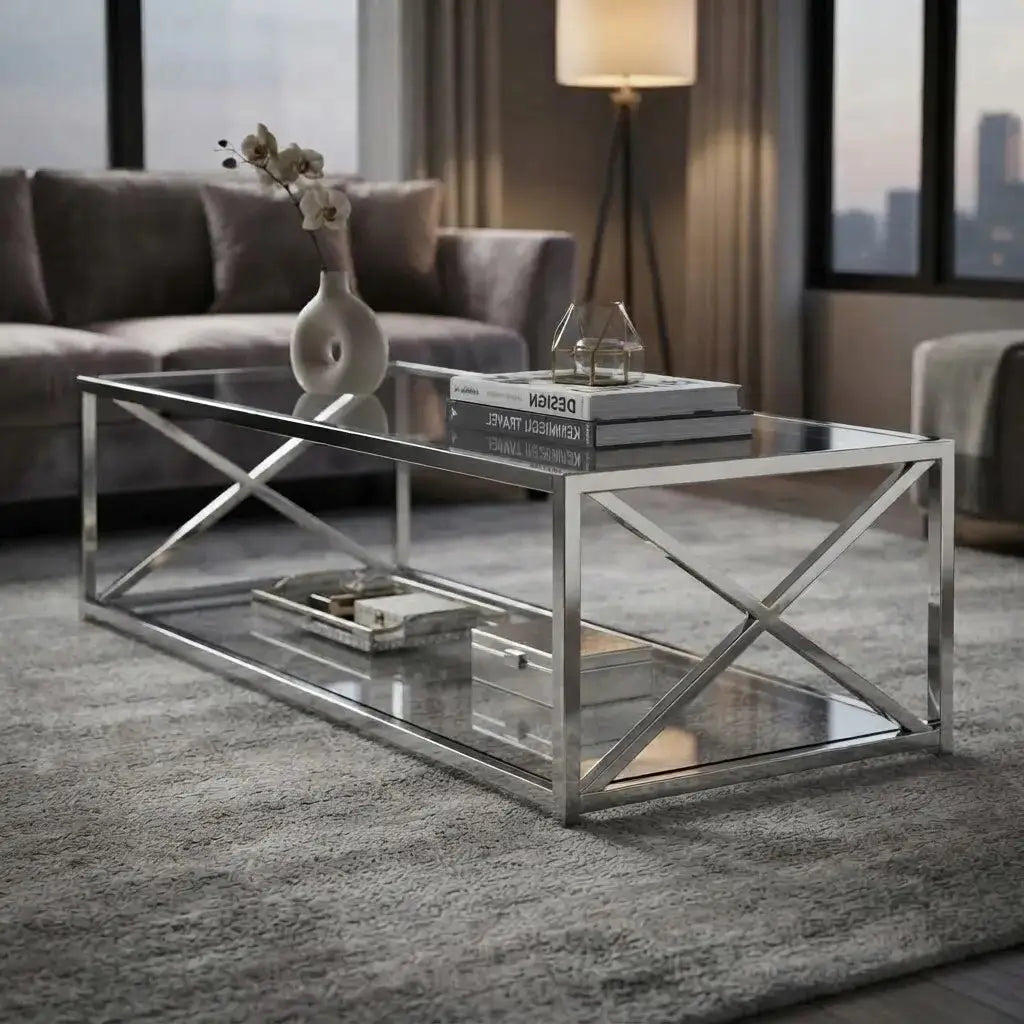 A modern rectangular coffee table with a mirrored glass top and a chrome-finished metal frame featuring crisscross X-shaped supports on the front. The table is styled with books and a vase in a contemporary living room setting with a gray rug and a gray sofa in the background.
