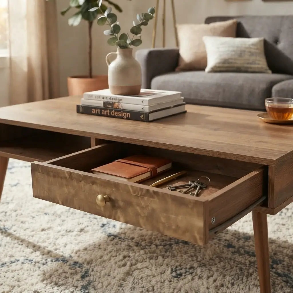 Walnut mid-century modern coffee table with a rectangular tabletop, tapered solid wood legs, gold accents, and stylish storage drawer.