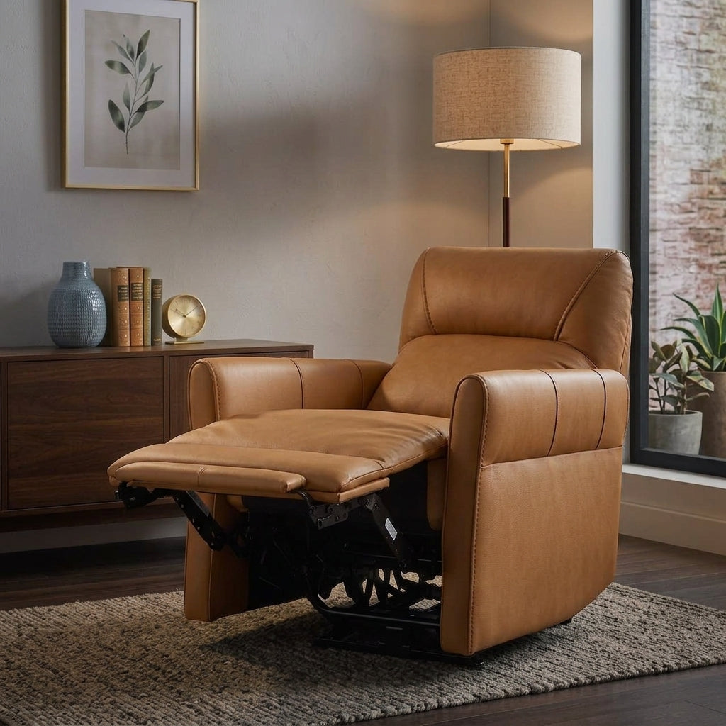 Cognac Brown Leather Power Recliner Chair, Side Table, Clock, Potted Plant