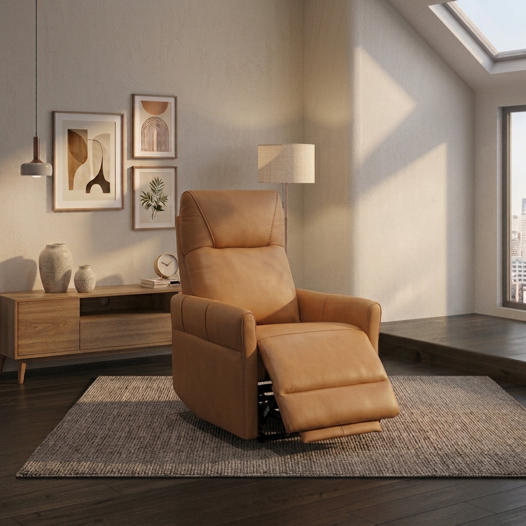 Comfort Recliner Chair, Cognac Brown, in Modern Living Room, Reclined Position