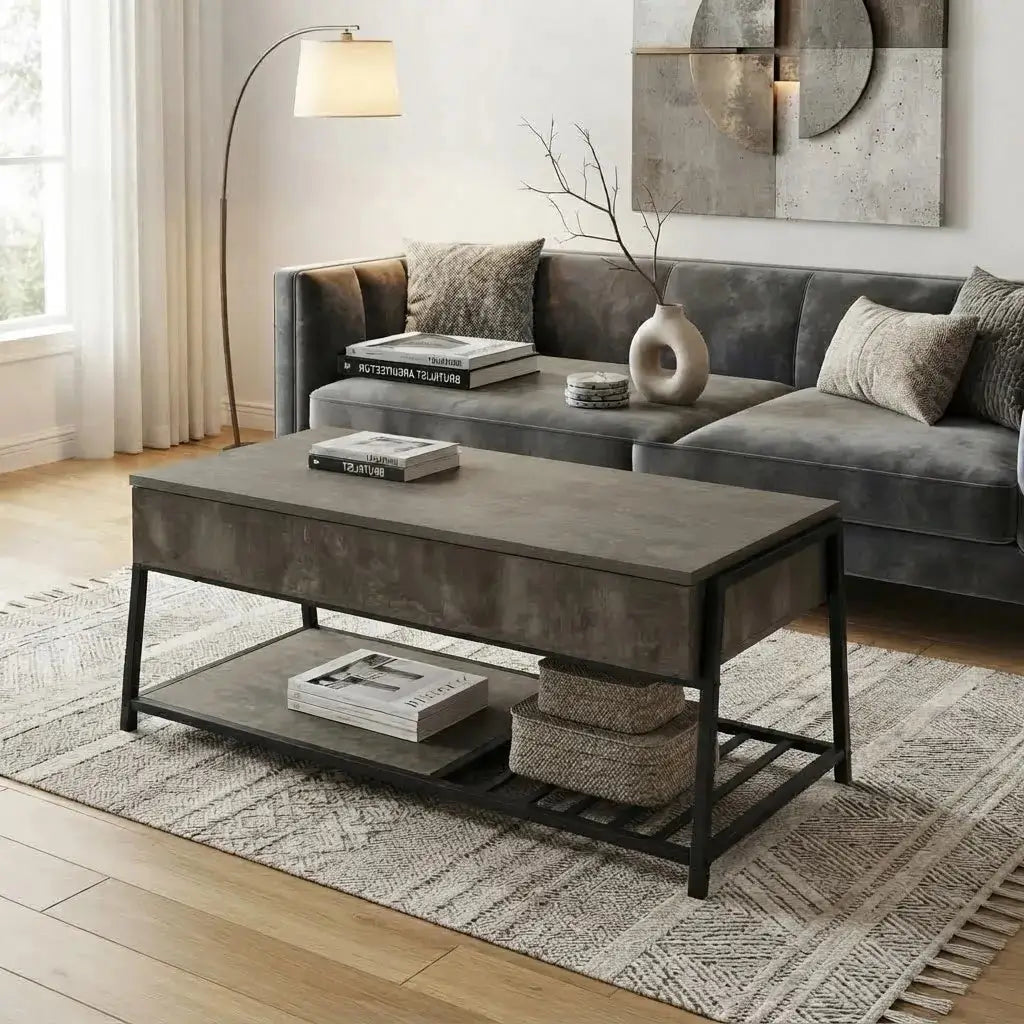 A modern rectangular coffee table with a gray stone-look top and black metal frame, styled in a contemporary living room setting with a gray sofa, patterned pillows, and a neutral rug.