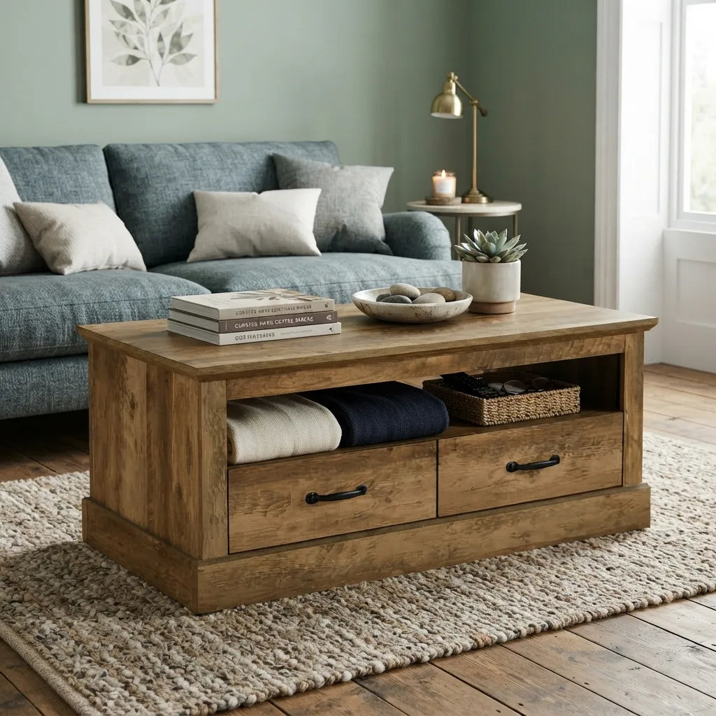 dark brown knotty oak coffee table with a rectangular design, durable laminate finish, and contemporary transitional style for a stylish living room centerpiece.