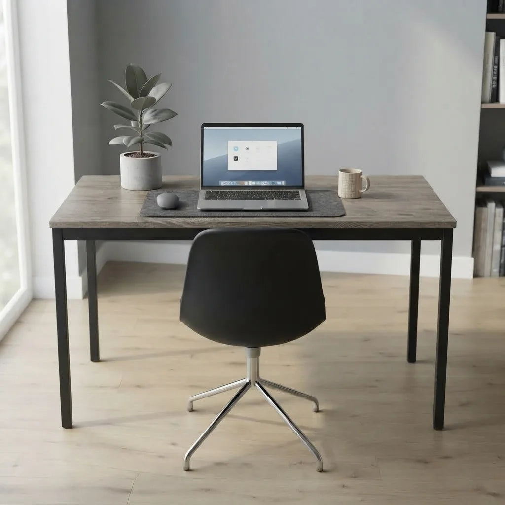 Dark taupe laminate coffee table featuring a square black metal base and clean-lined contemporary design.