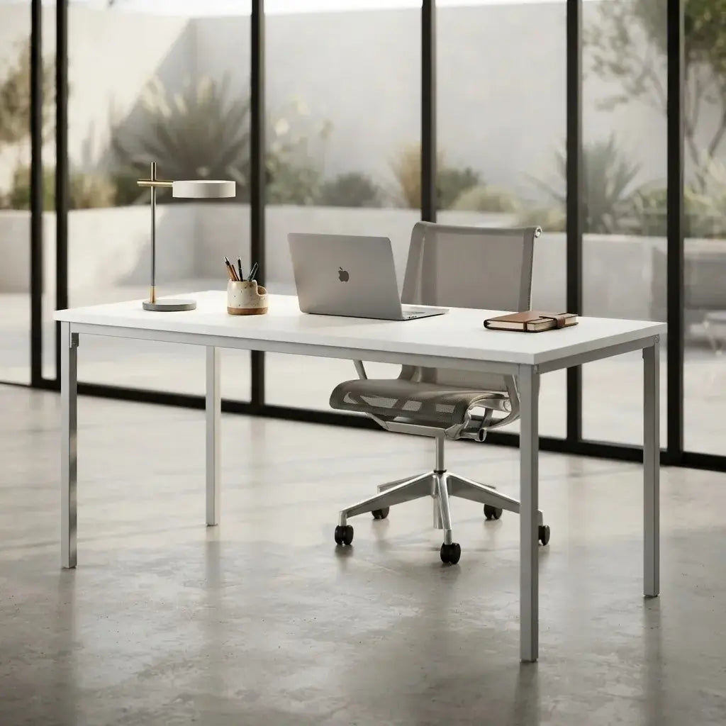 Modern white coffee table with black metal legs styled in a contemporary living room.