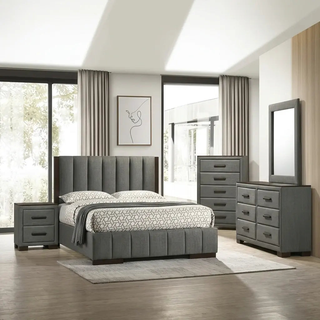 Dylan grey fabric bed with bedroom set