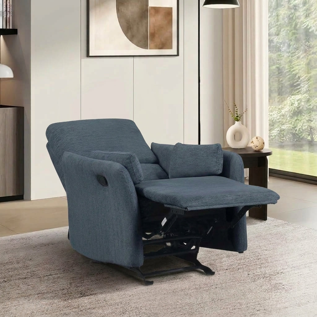 A slightly angled side profile of the same textured blue fabric recliner, shown fully extended in its reclined position with the footrest up. The complex mechanical recliner base is visible.