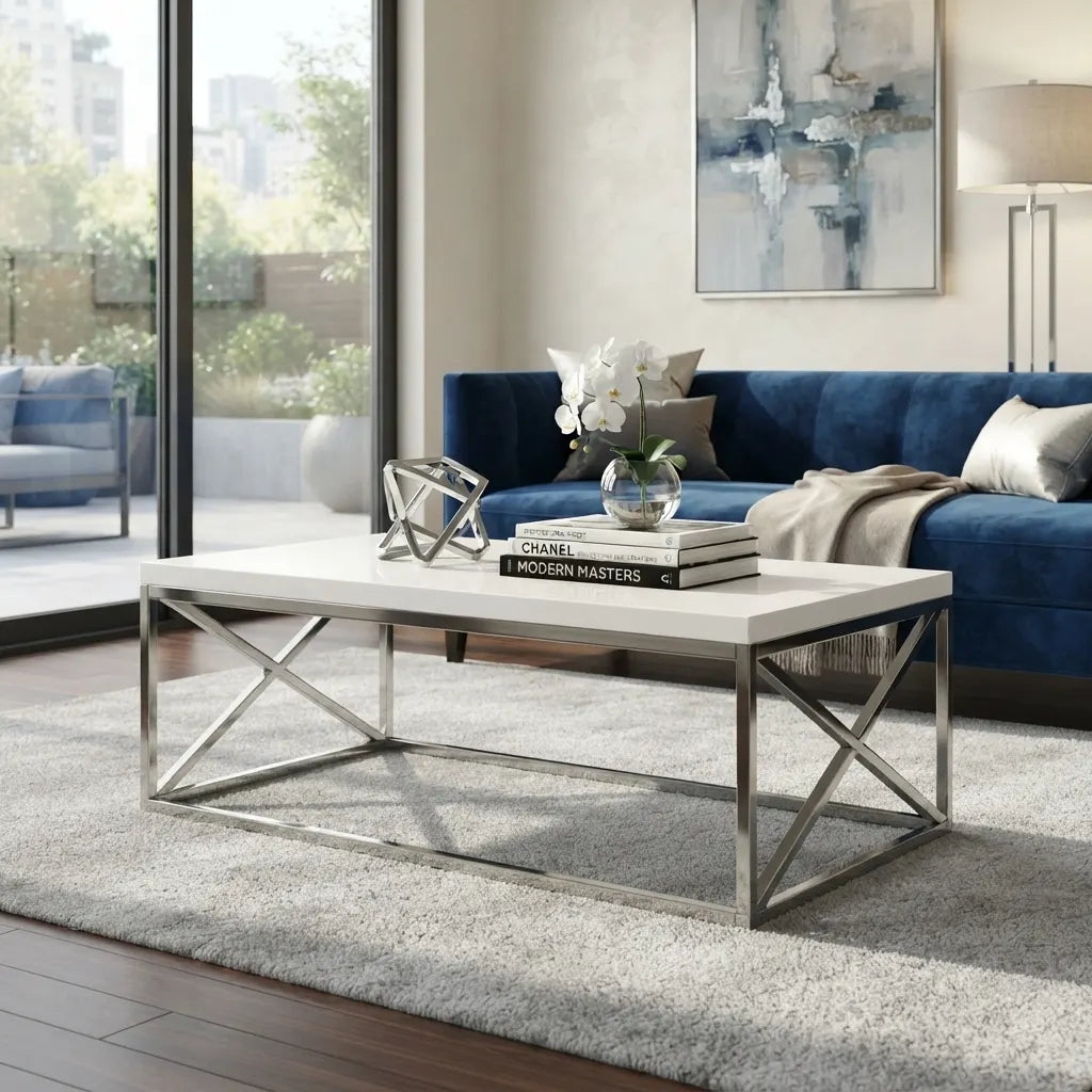 glossy white coffee table with a thick easy-clean top and polished chrome criss-cross metal legs, creating a stylish contemporary centerpiece.