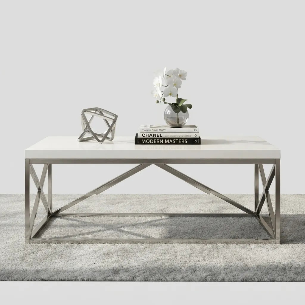 Glossy white coffee table featuring a thick panel top and sturdy chrome metal criss-cross legs, ideal for modern living rooms, offices, condos, and apartments.