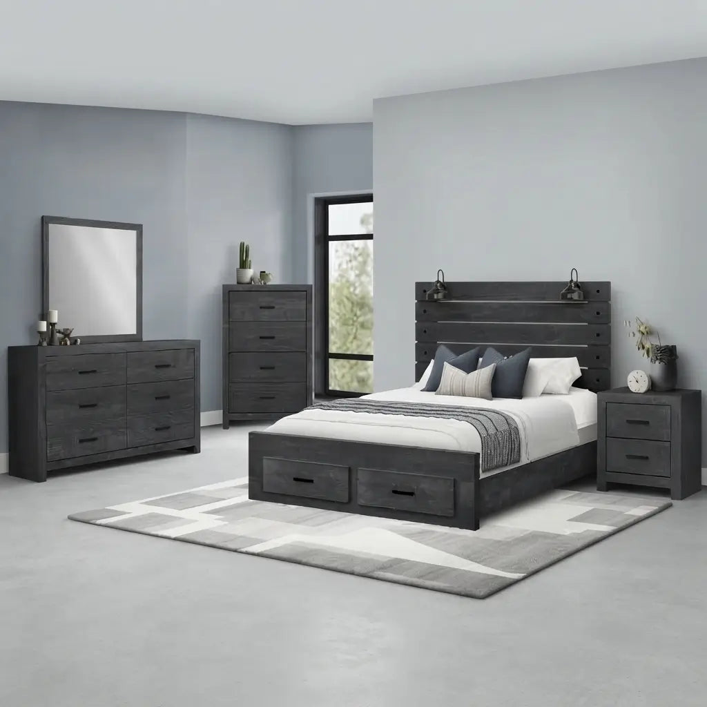 Graphite grey storage panel bed frame with built-in headboard lights in contemporary bedroom