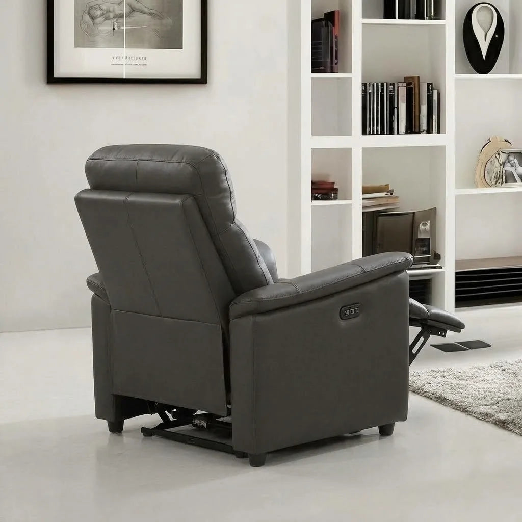 A tighter, high-definition macro close-up of the black recliner control panel with the lightning bolt icons on a gray woven fabric surface.