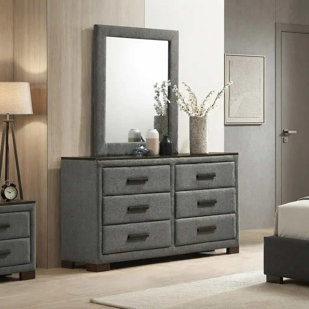 Grey 6-drawer dresser with a matching framed mirror, dark metal handles, and a modern design for a stylish bedroom