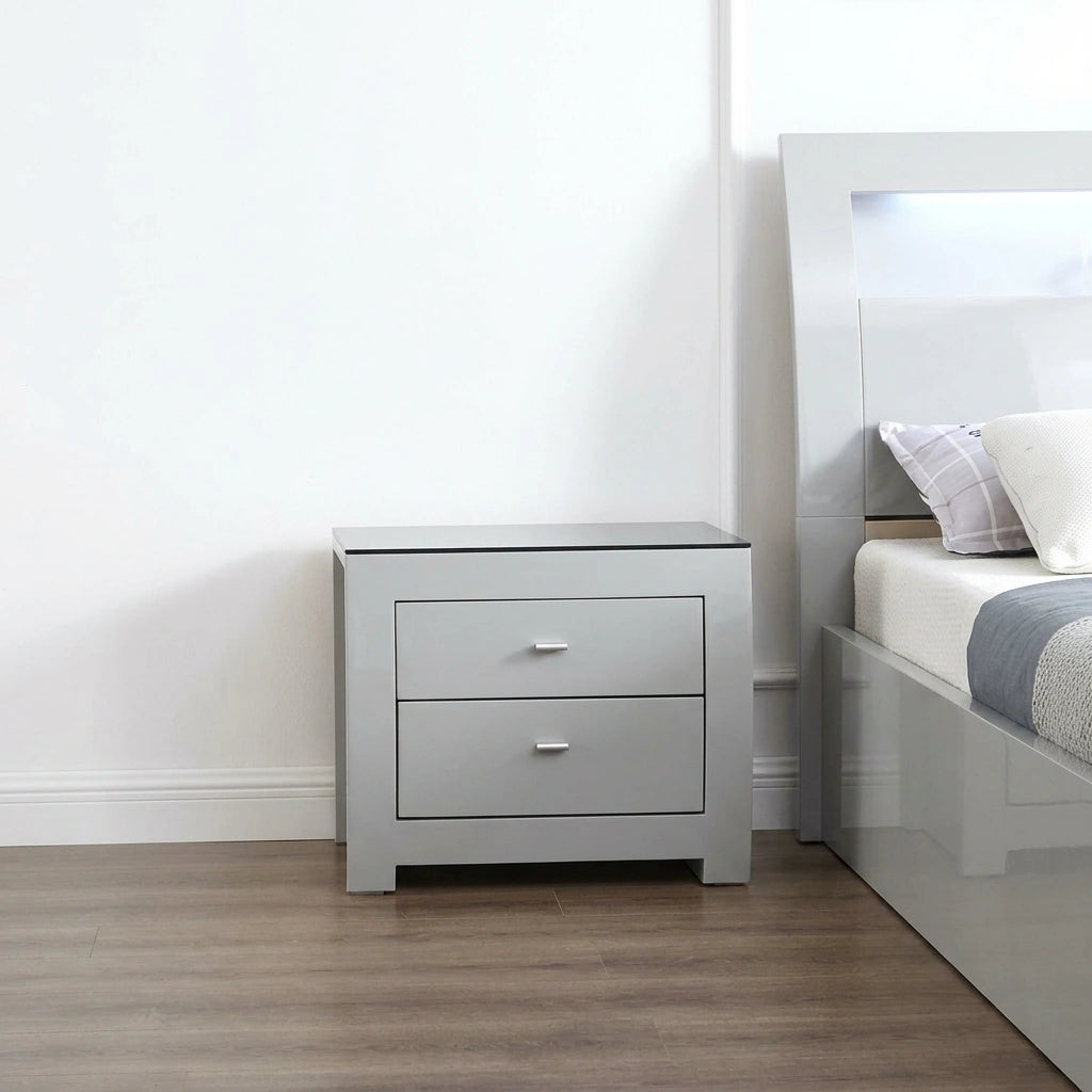 Modern light grey hydraulic lift-up platform bed with under-bed storage shown open in a contemporary bedroom set.