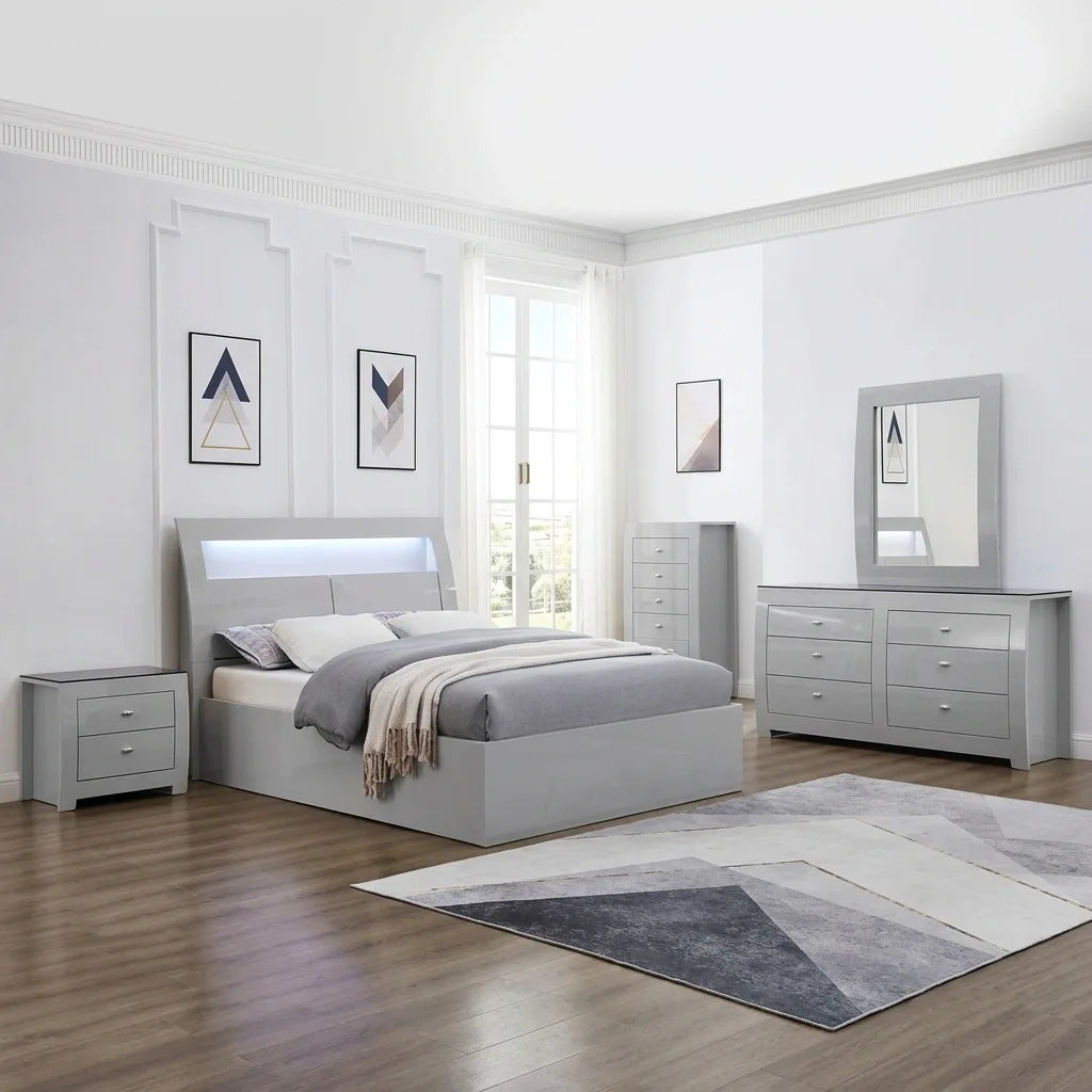 Light grey vanity chest of drawers featuring a flip-top mirror, upper jewelry organizer compartment, and lower storage drawers.