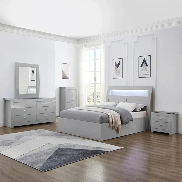 Light grey vanity chest of drawers featuring a flip-top mirror, an upper jewelry organizer compartment, and lower storage drawers.