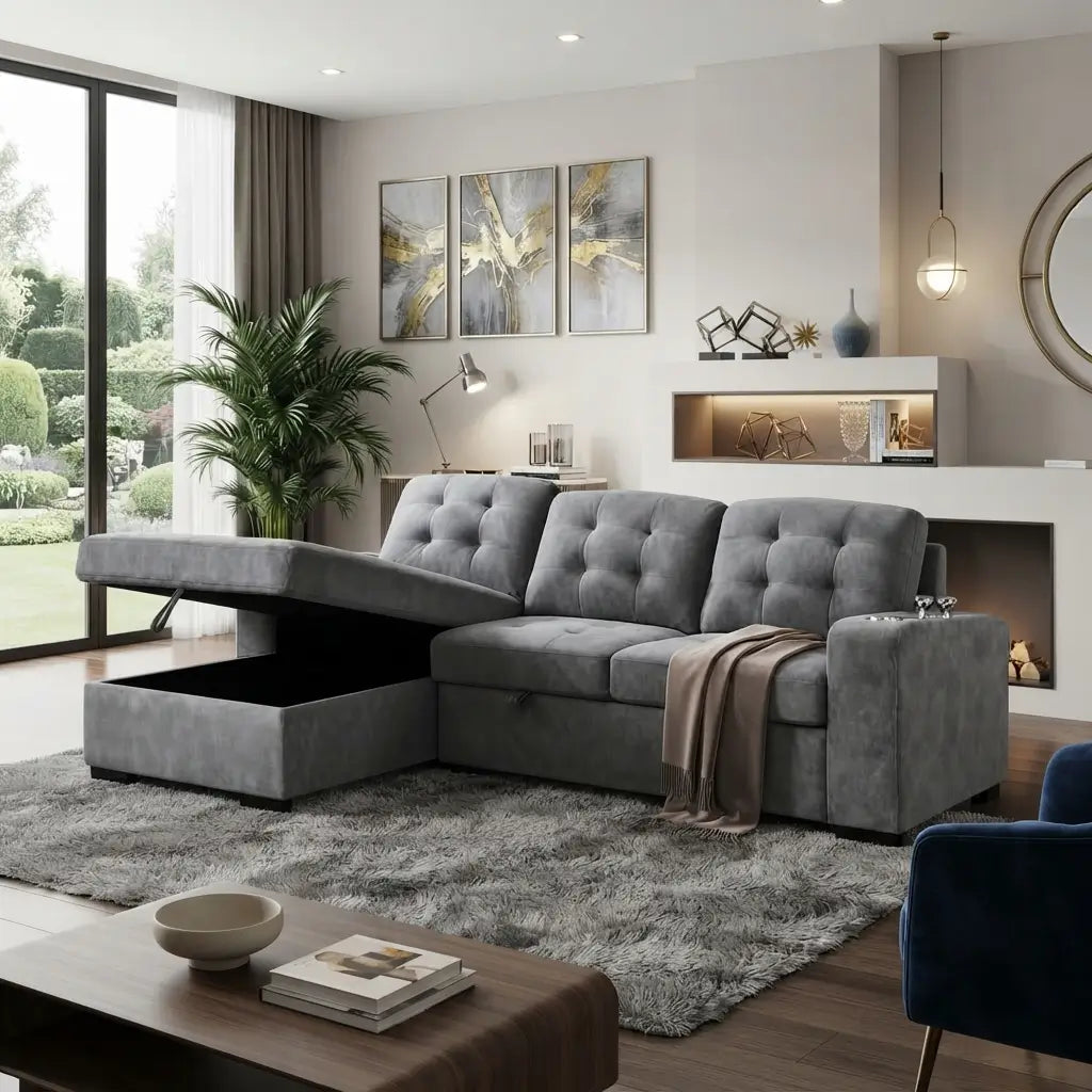 A modern gray tufted sectional sofa with a lift-up chaise lounge revealing storage space underneath, styled in a contemporary living room with a fireplace, rug, and decorative wall art.