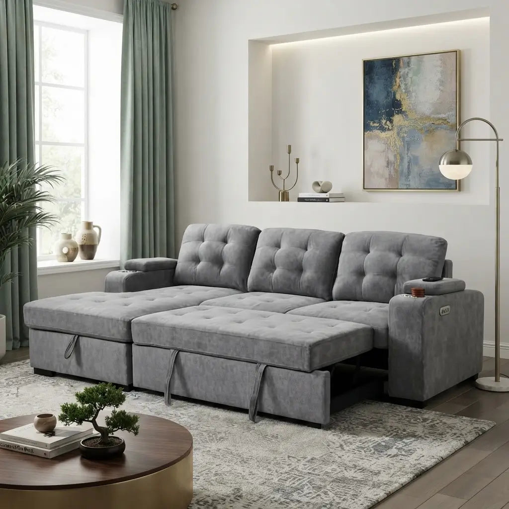 A modern gray tufted sectional sofa with a chaise lounge, shown in a styled living room setting with a round coffee table, patterned rug, window with green curtains, and a floor lamp.