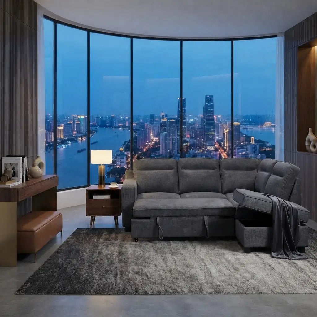 A modern gray sectional sofa with a chaise lounge, placed in a contemporary living room with a large curved window overlooking a city skyline at dusk.