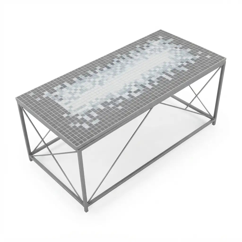 Grey rectangular coffee table with a terracotta mosaic tile top and sturdy metal base for contemporary living room décor
