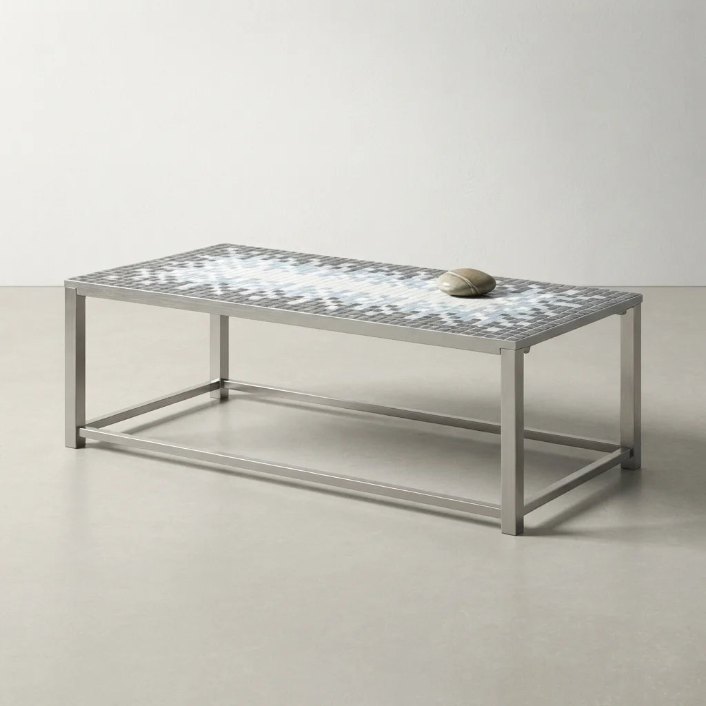 Brown rectangular coffee table with a light brown terracotta mosaic tile top and sturdy metal base for modern living spaces