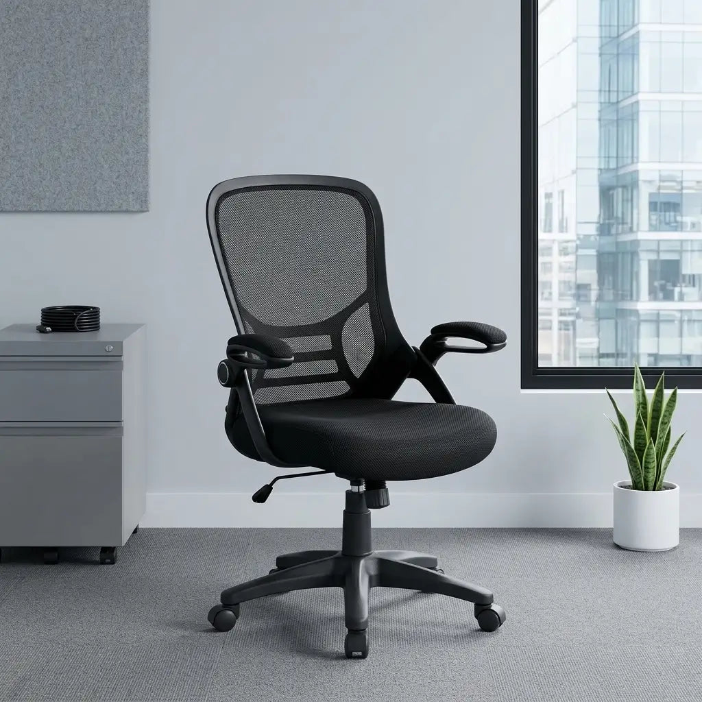 I-7367 black mesh mid back office chair with flip-up padded armrests, foam cushioned seat and black metal base