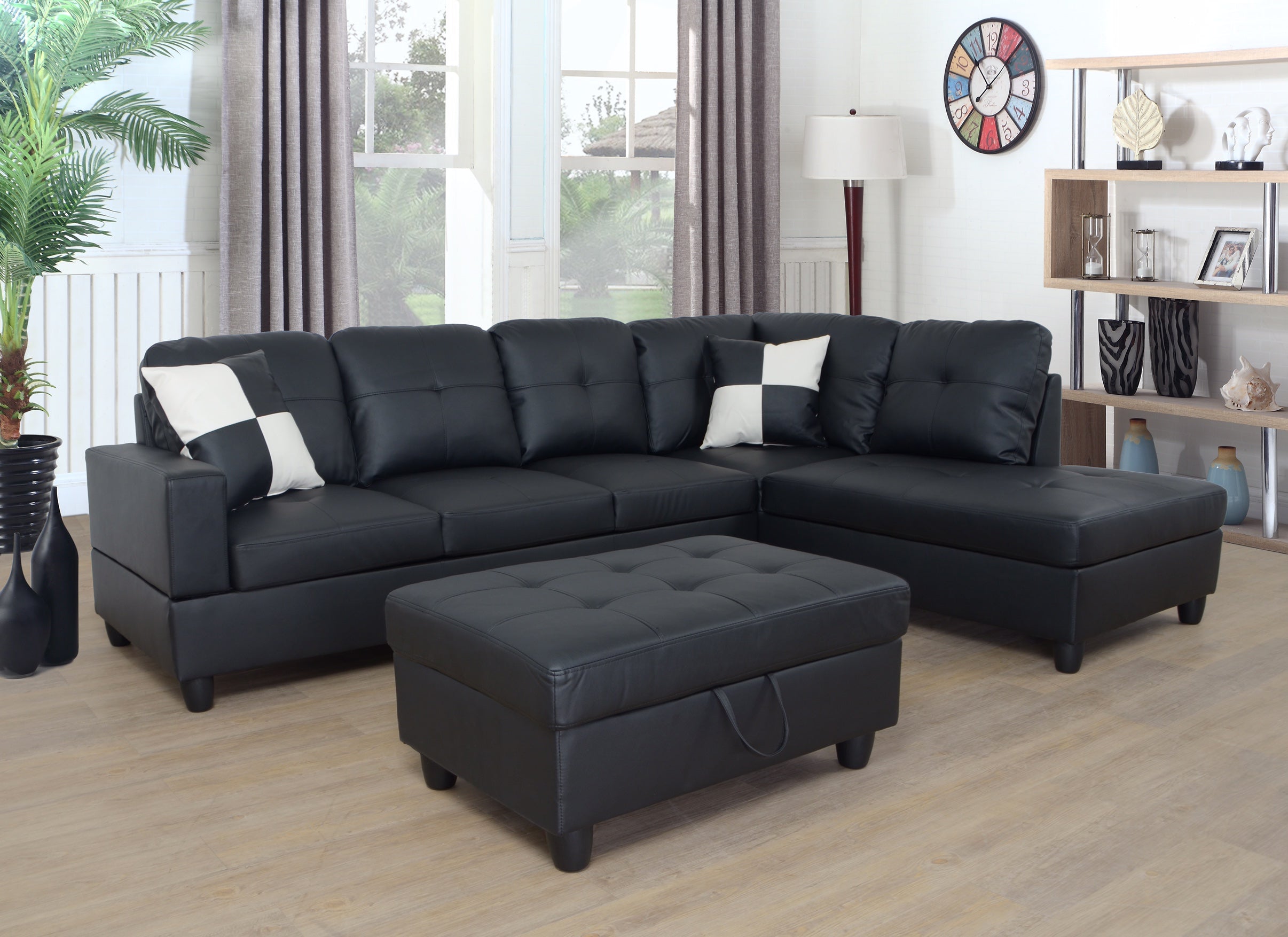 Modern Black Faux Leather Sectional Sofa with Storage Ottoman