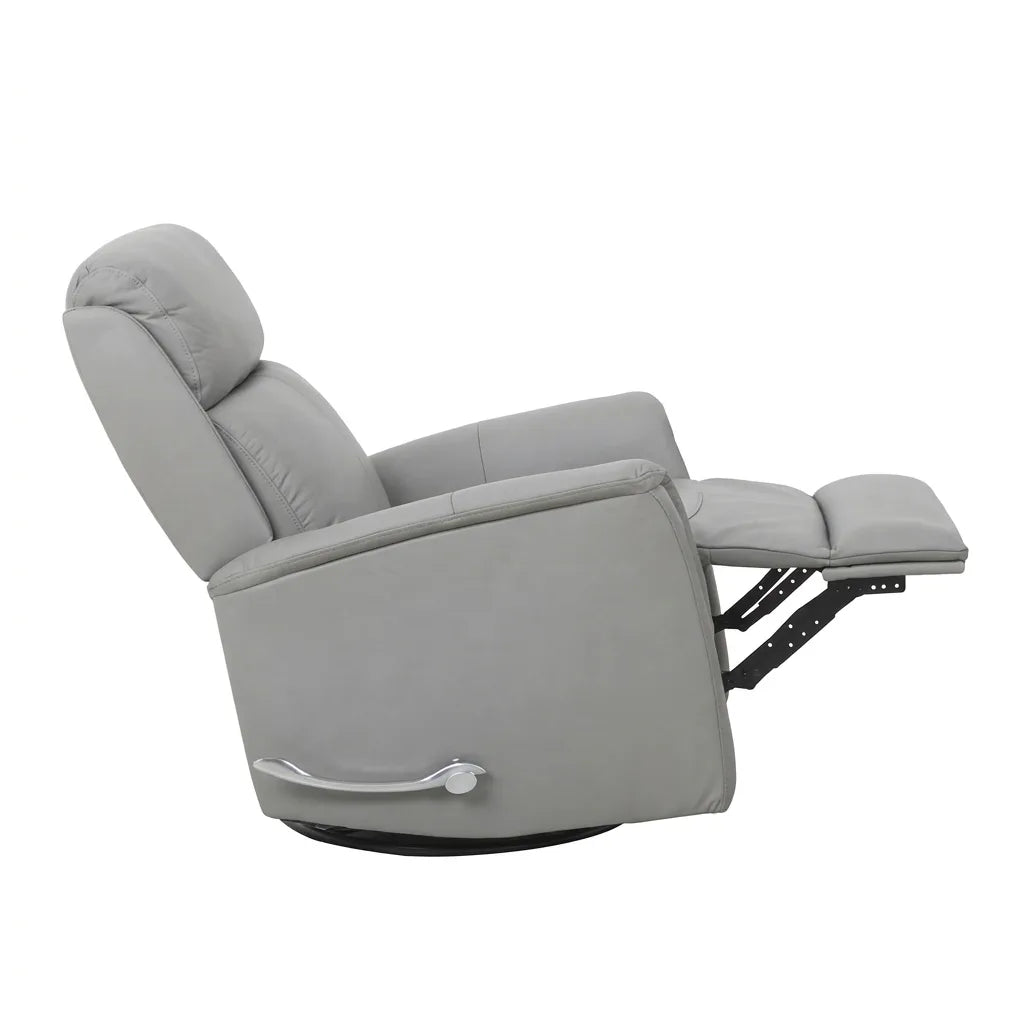 A grey padded reclining armchair shown from a direct side-profile view (left side), in a recline position with the footrest fully extended. The long, curved silver recline handle is visible on the bottom, parallel to the chair's side. The black circular base is visible beneath the chair on the white background.