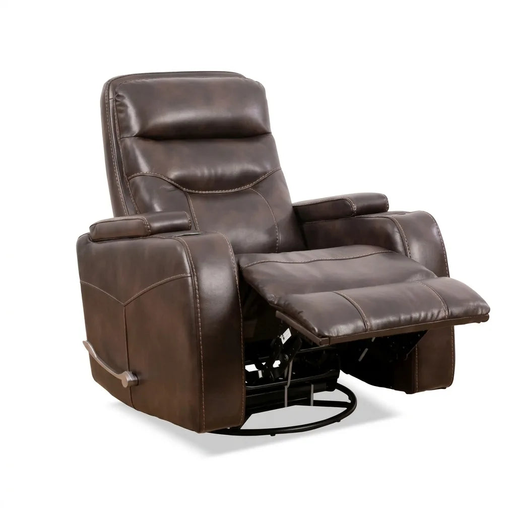 Three-quarter angled view of a dark brown leather recliner with footrest extended on a clean white background, displaying the swivel base and side manual reclining handle.