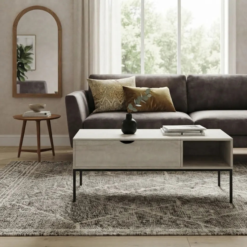 Eye-level front view of a light oak coffee table with black legs in a styled living room, featuring a dark sofa, an arched wall mirror, a wooden side table, and a neutral area rug.