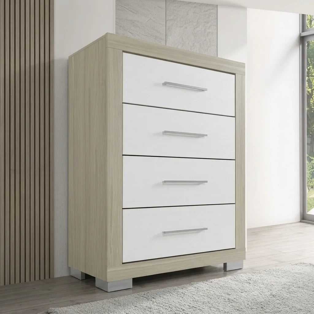 Angled shot of a light oak 4-drawer vertical chest with white drawer faces, modern metal bar handles, and silver square feet.
