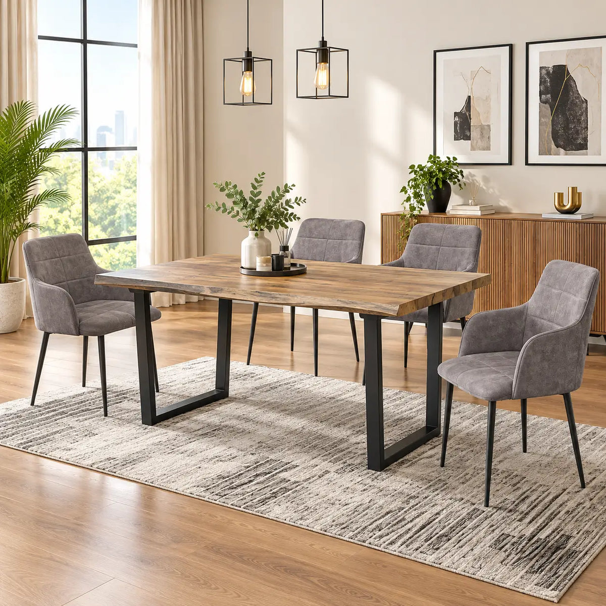 A modern dining room scene featuring a rectangular wooden table with black metal legs and four gray upholstered dining chairs on a textured light gray rug, set in a bright, contemporary room with a wood cabinet, framed art, and hanging pendant lights.