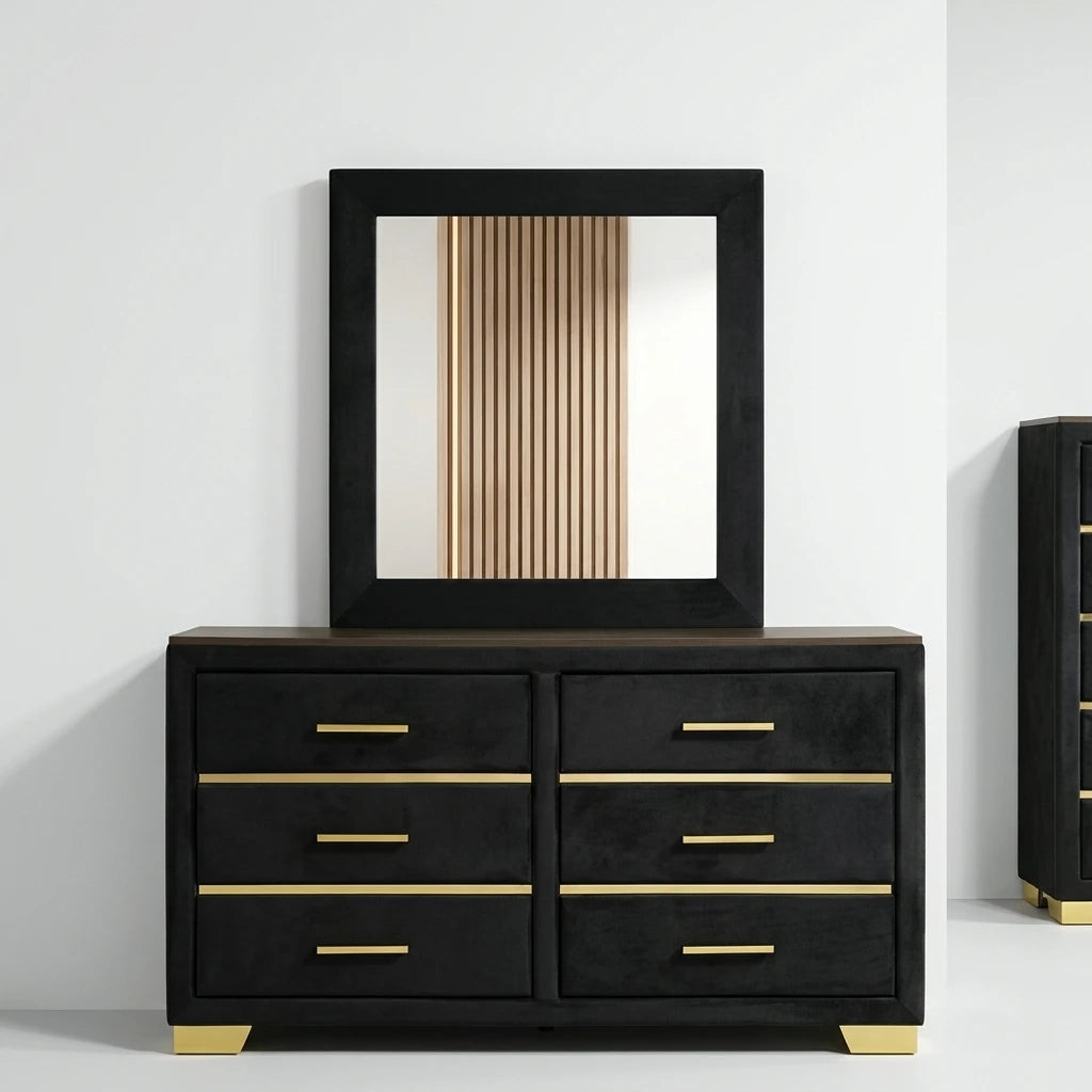 Front view of Madison black velvet 6-drawer dresser featuring gold handles, gold trim lines, wood top, and a black framed rectangular mirror.