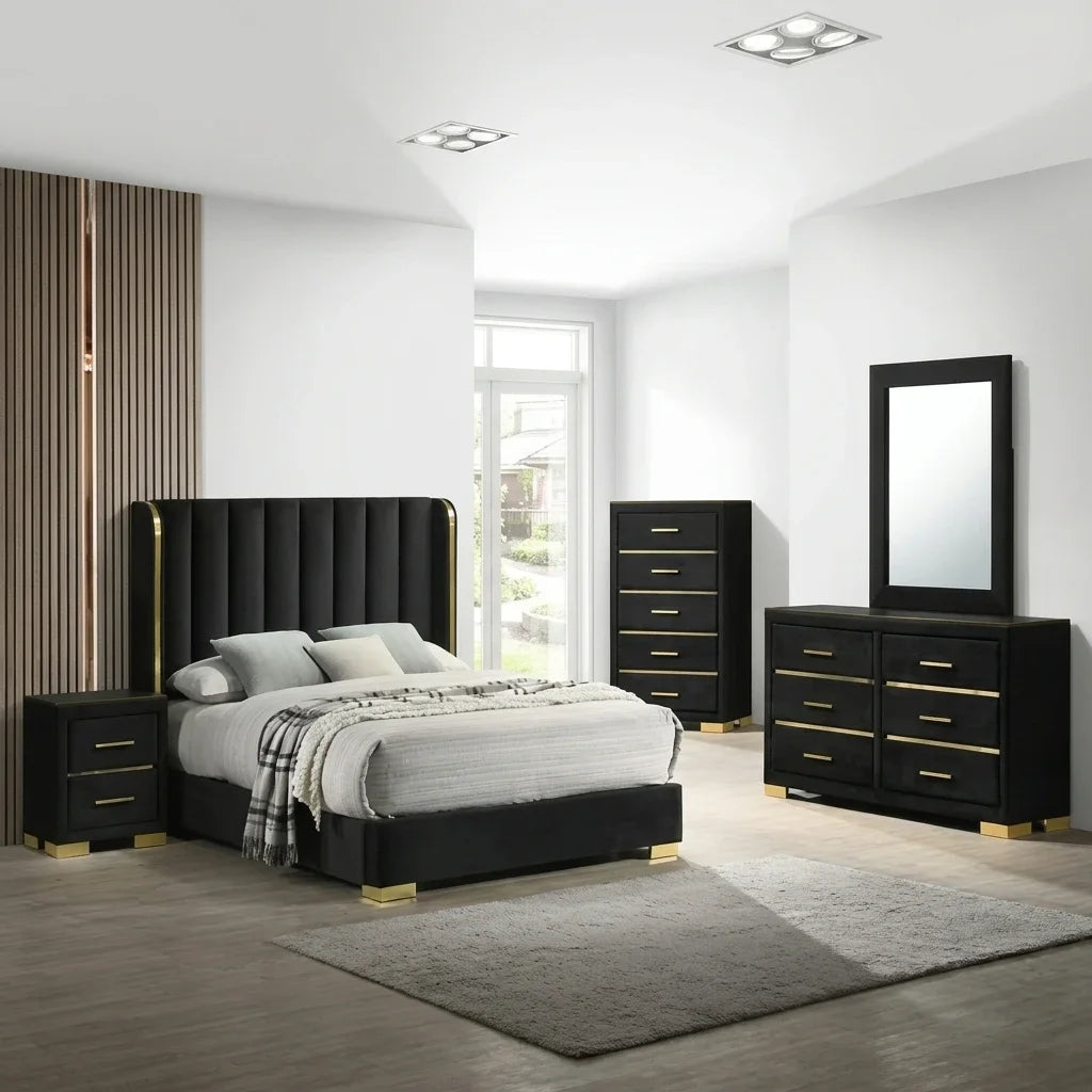 Madison black velvet platform bed set with channel-tufted headboard, matching nightstand, tall chest, and dresser with mirror in a modern bedroom setting.