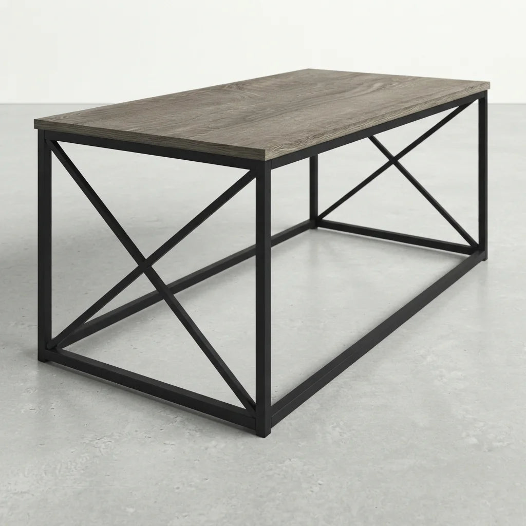 Modern dark taupe coffee table with a smooth wood-look tabletop and sturdy black metal legs for versatile spaces