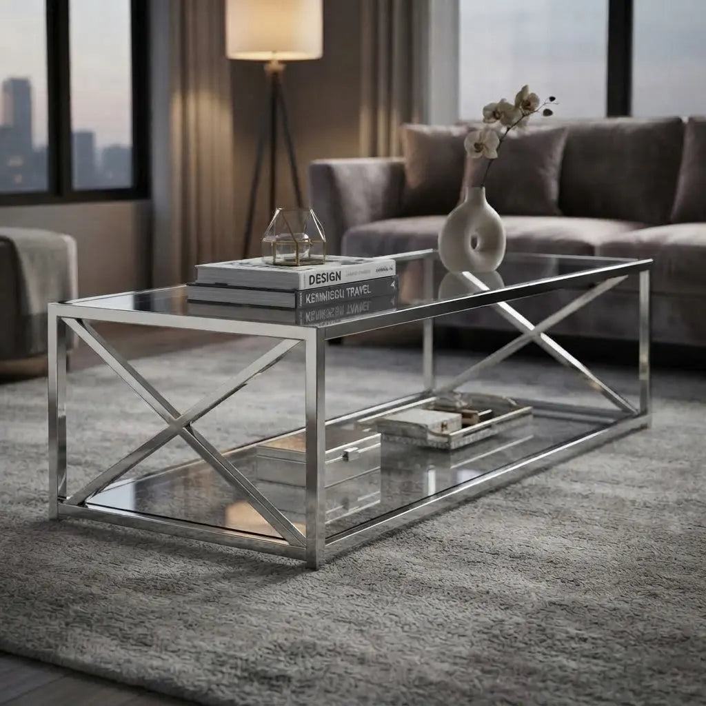 Modern rectangular coffee table featuring a spacious tempered glass top and polished chrome metal frame with X-shaped sides for stylish living room decor.