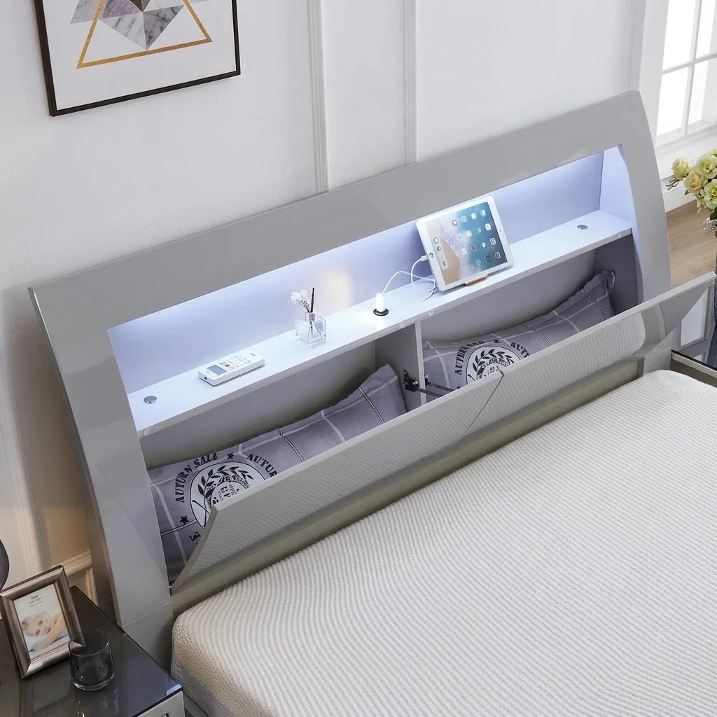 Glossy light grey 6-drawer double dresser with a glass top, silver handles, and a matching rectangular wall mirror