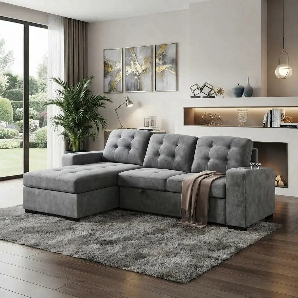 A modern gray tufted sectional sofa with a chaise lounge and side table, styled in a contemporary living room with a shag rug, wood floors, and a fireplace.