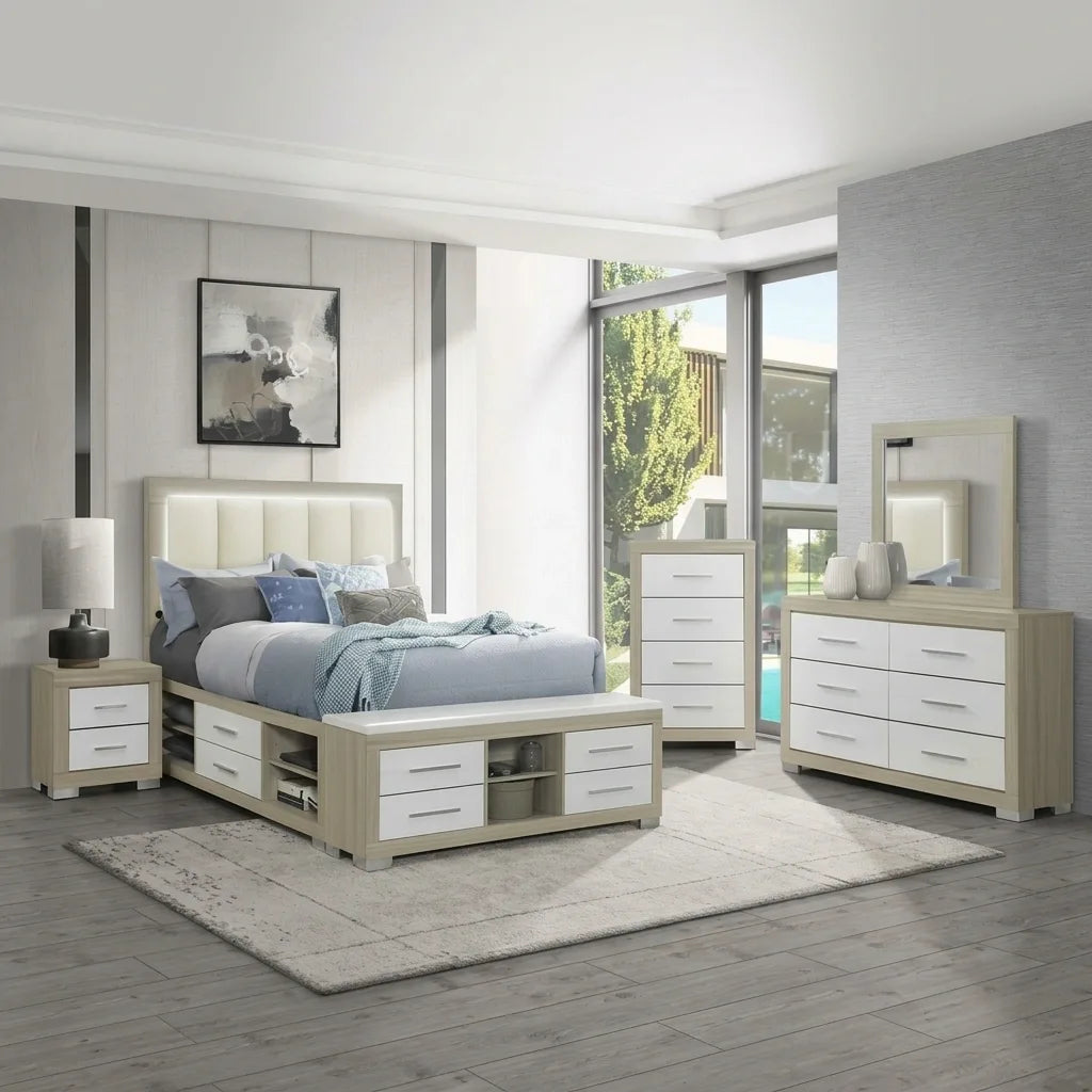 Complete modern light oak and white bedroom furniture set featuring an LED padded headboard platform bed with storage drawers, foot.