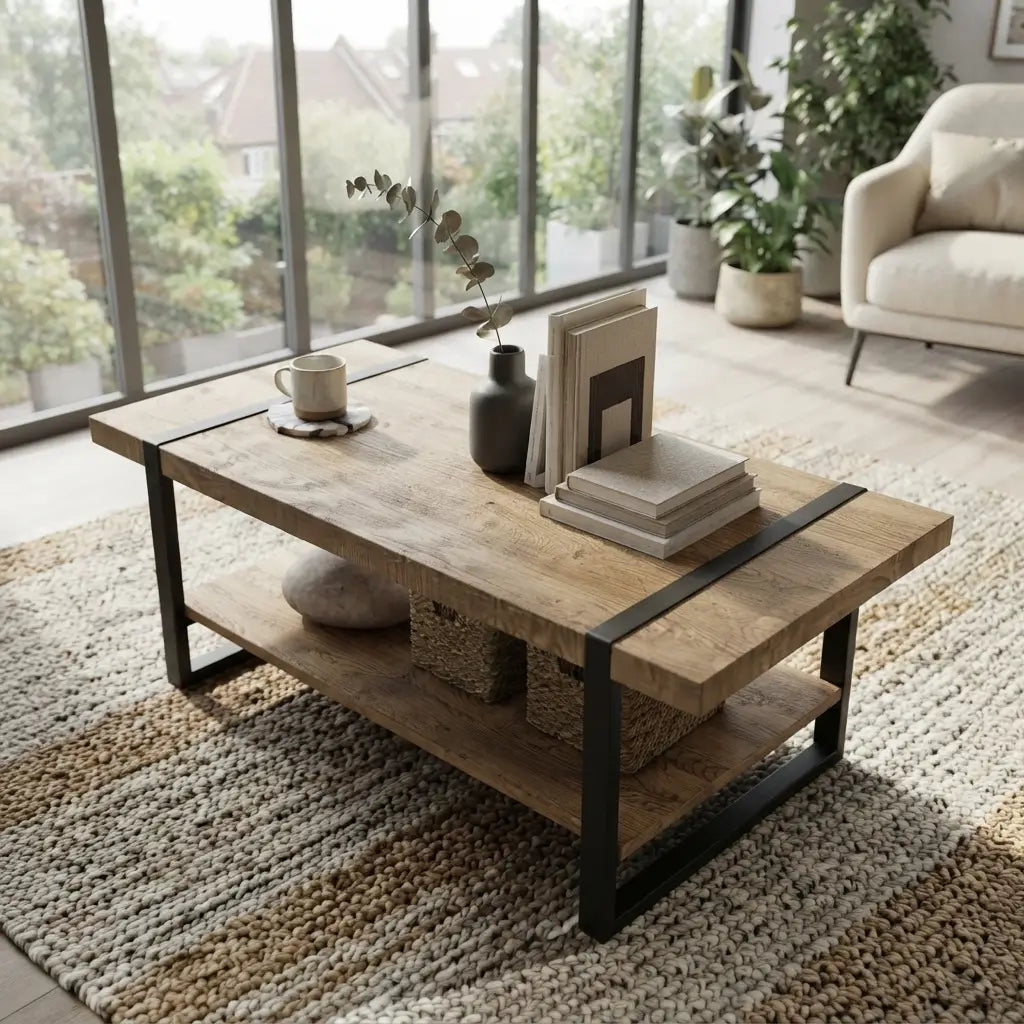 Modern 48-inch mango wood-look coffee table with black metal frame and open lower shelf