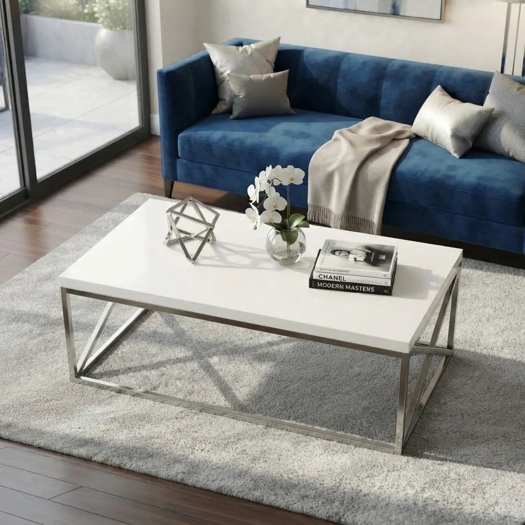 Modern white and chrome coffee table with a bright glossy finish and sleek criss-cross metal frame, offering functional style for contemporary living spaces.