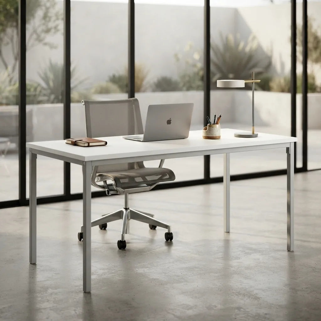 Modern white coffee table with black metal legs styled in a contemporary living room.