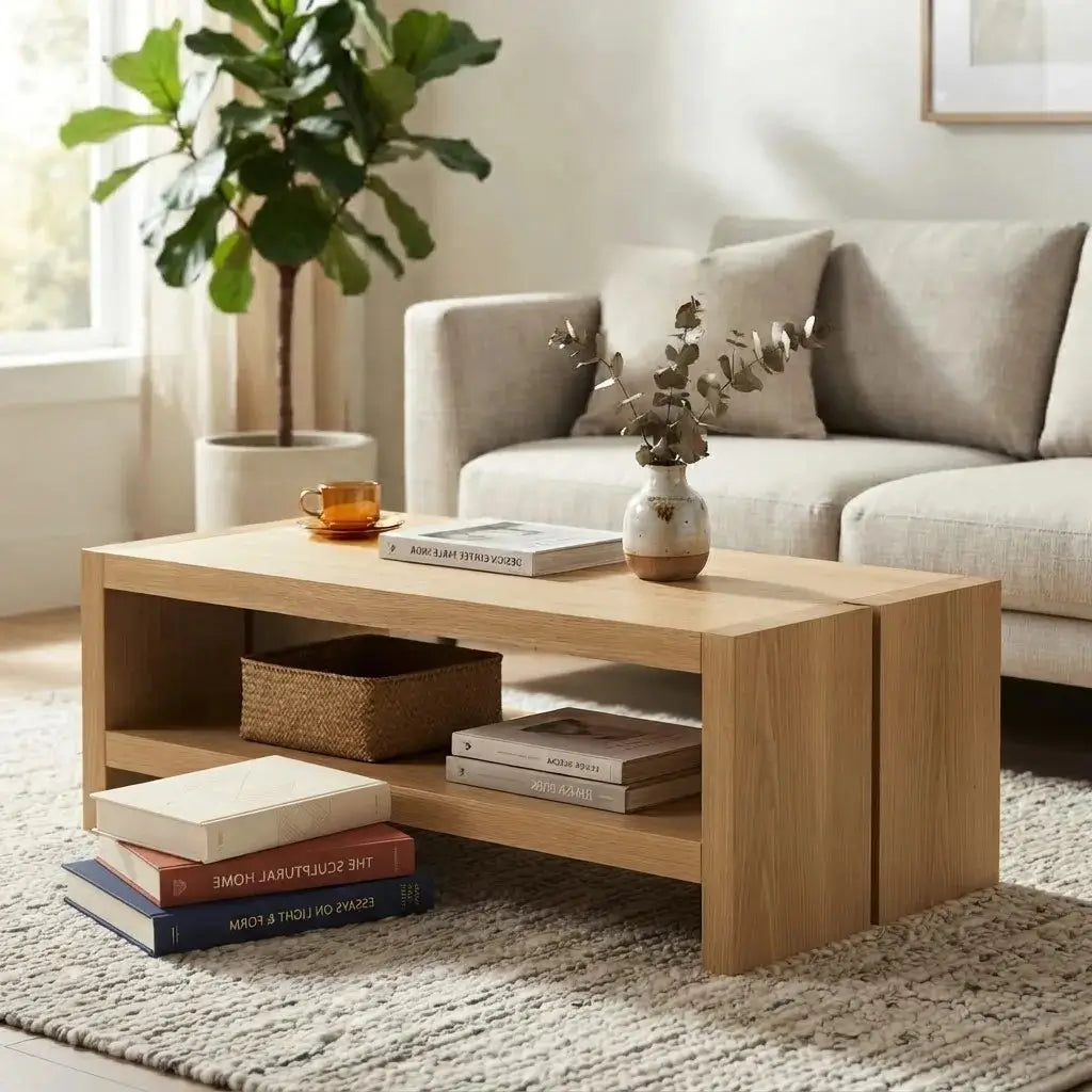 A light natural wood coffee table with two open shelves, styled in a bright living room with a beige sofa, a potted plant, and decorative books and vases.