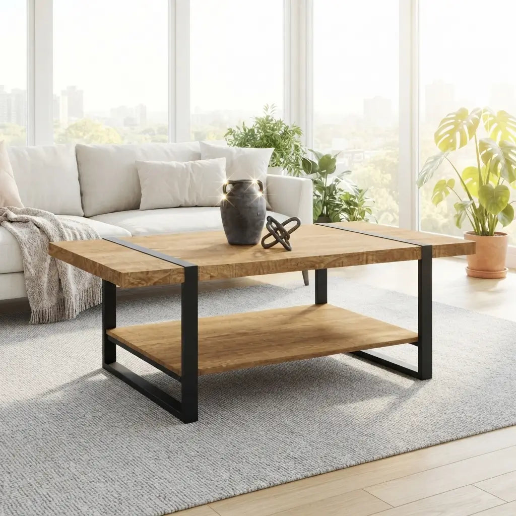Rustic brown mango wood-look coffee table with sturdy black metal frame and open shelf