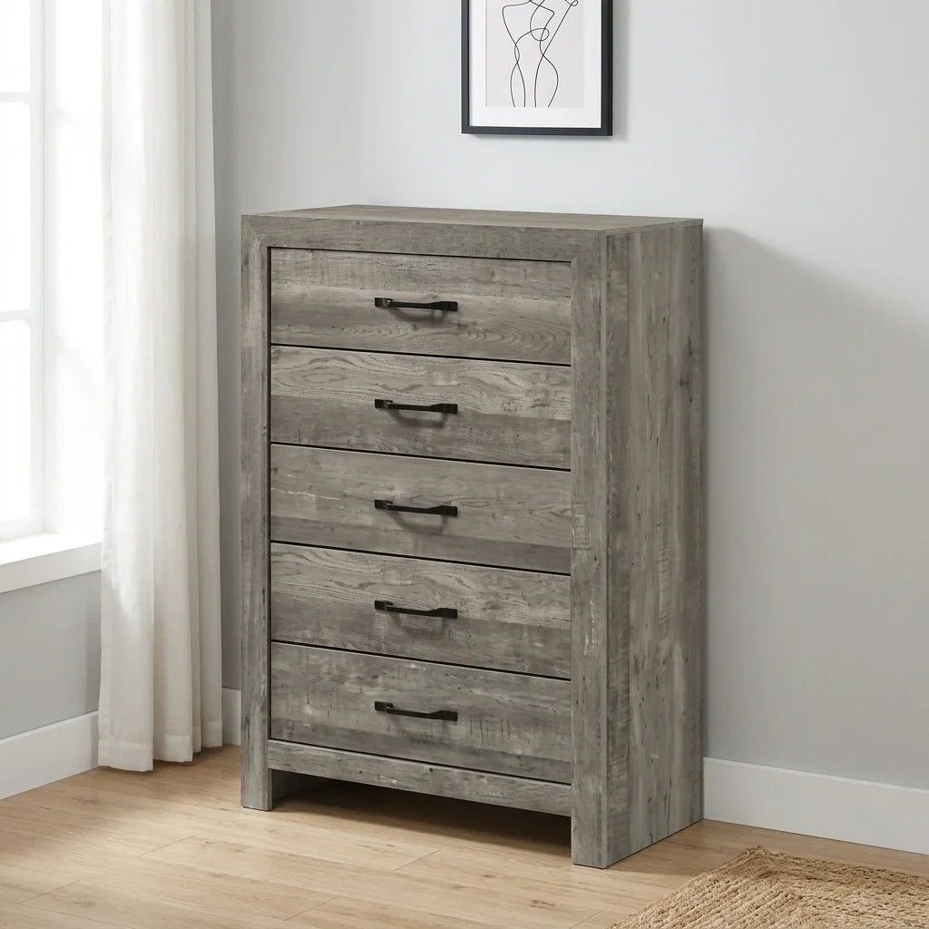 Rustic grey finished 5-drawer vertical tall chest of drawers with sleek black handles.